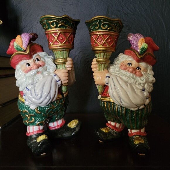 Vintage Fitz and Floyd Christmas Court Santa Elf Torch Candle Holder Pair - Picture 1 of 11